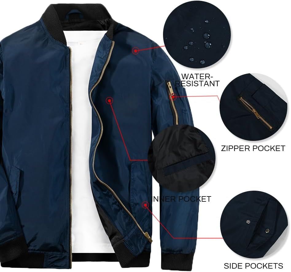 Mens Bomber Jacket Slim Fit Casual Windproof Lightweight Jackets